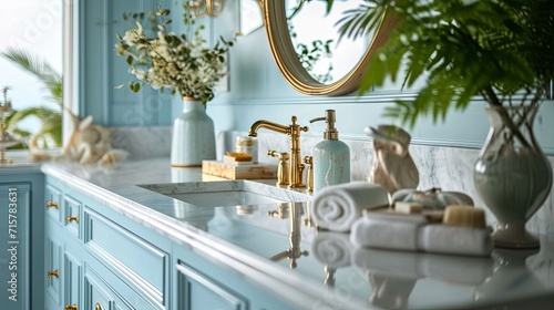 The soft pastel color on this bathroom vanity brings a touch of modern beach house interior design to this space. house beautifully it pairs with the brass faucet and fixtures home design ideas photo