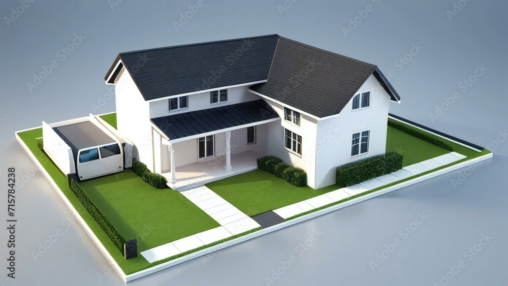 3d house model rendering on white background, 3D illustration modern cozy house. Concept for real estate or property.