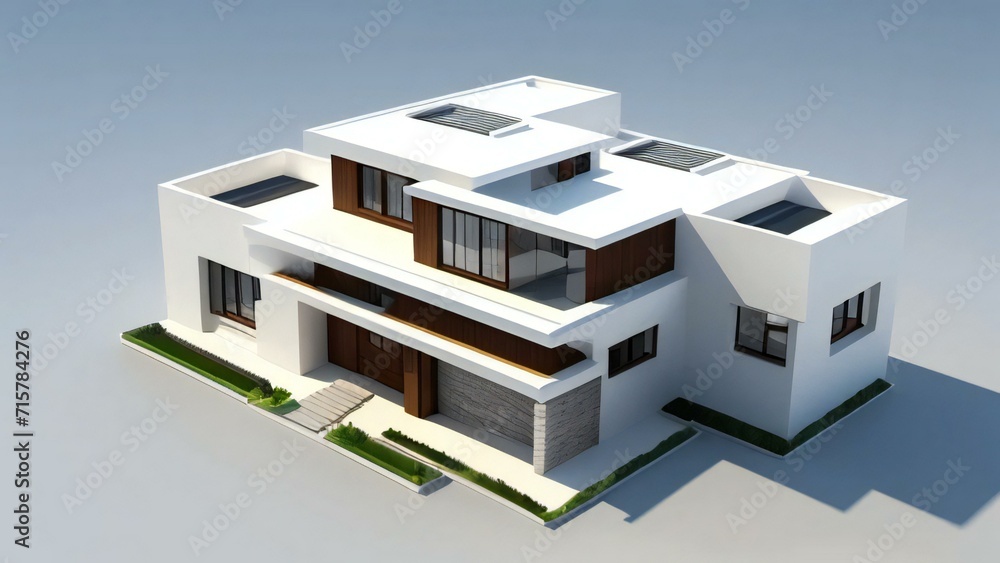 3d house model rendering on white background, 3D illustration modern cozy house. Concept for real estate or property.