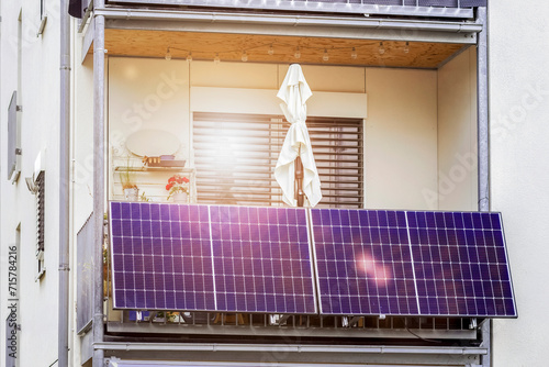 Modern Balcony with pv Solar Panel. Solar Photovoltaic Battery on the Balcony of Modern Apartment Building. photo