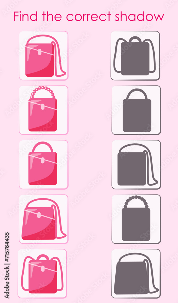Find the correct shadow of bags. Worksheet for the activity book. Vector illustration for children's entertainment. Find the correct shadow of bags. Worksheet for the activity book. Vector illustration for children's entertainment.