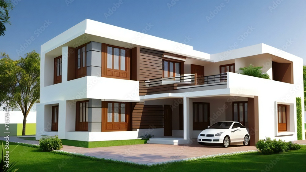 3d house model rendering on white background, 3D illustration modern cozy house. Concept for real estate or property. 3d house model rendering on white background, 3D illustration modern cozy house. Concept for real estate or property.