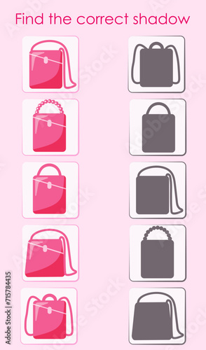 Find the correct shadow of bags. Worksheet for the activity book. Vector illustration for children's entertainment.