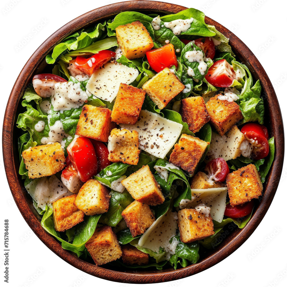 Caesar salad in a bowl isolated on white transparent, top view PNG - obrazy, fototapety, plakaty 