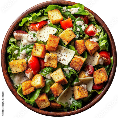 Caesar salad in a bowl isolated on white transparent, top view PNG