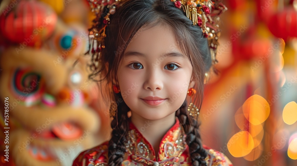 A Chinese young girl in traditional costumes with lion dancers, generative ai A Chinese young girl in traditional costumes with lion dancers, generative ai