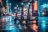 electric scooters at night in the middle of a wet road, city bokeh in the background