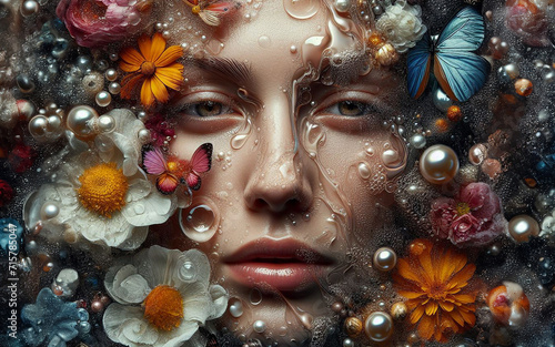 girl face floats above the surface of the water Surrounded by many kinds of flowers realistic fantasy pictures © nana