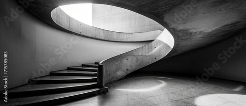 A monochrome spiral staircase in a symmetrical building, with light filtering through the window, beckons to be ascended with its sleek handrail and endless possibilities
