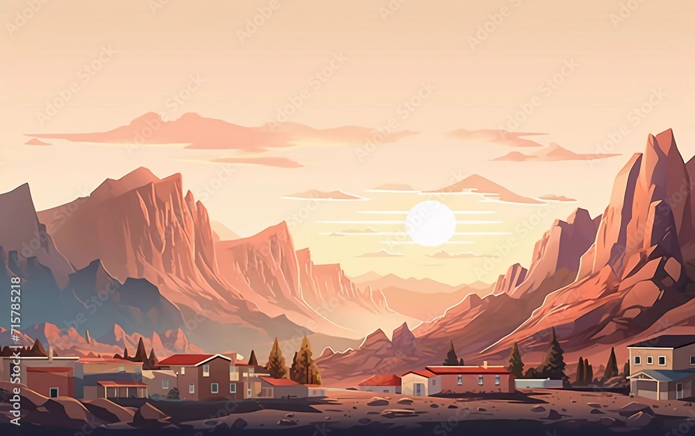 vector illustration City landscape small buildings mountains background
