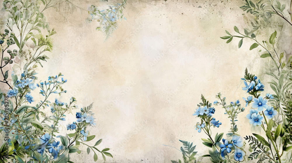 Shabby chic background with beautiful boho blue flowers, abstract vintage wallpaper, minimalistic backdrop	