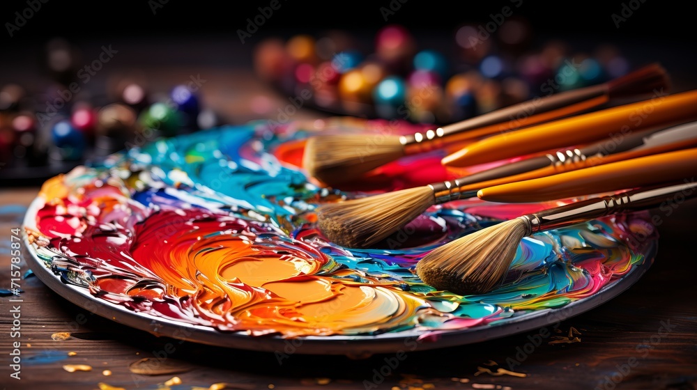 Fototapeta premium Close up of vibrant artist s palette and paintbrushes with dynamic colors and studio lighting