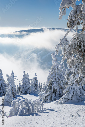 Winter landscapes in the Czech Jeseniky Mountains. Snow and ice created fairy-tale views. The mountains look beautiful this time of year.