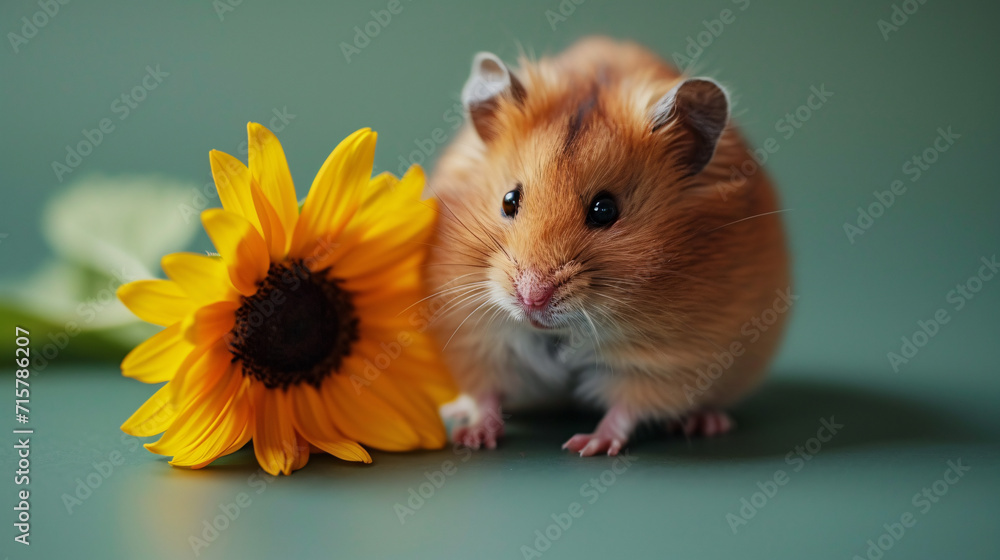 Playful brown hamster with sunflower. Playful brown hamster with sunflower.