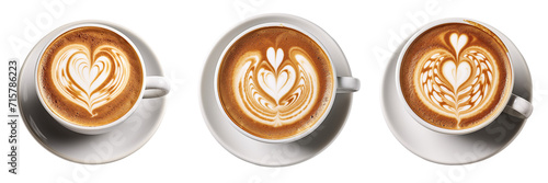 Collection of hot coffee latte with heart shaped latte art milk foam, top view, isolated on white or transparent background