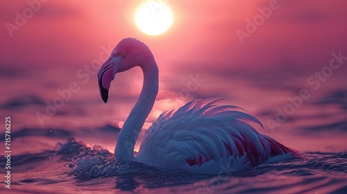 Purple flamingo on a pink sunset  close-up. Concept  interior painting  printed materials  graphic design