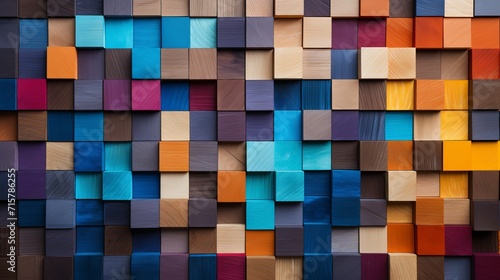 Vibrant and colorful assortment of wooden blocks perfectly aligned on a wide format background