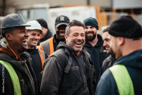 Group of happy construction workers laughing together on site photo