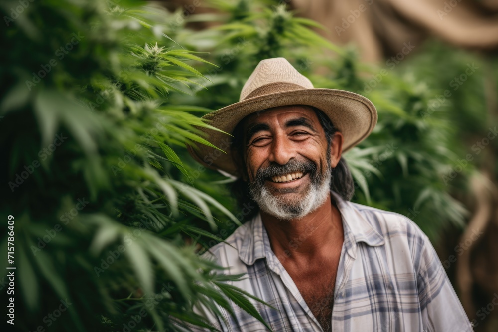 Smiling farmer with cannabis plants