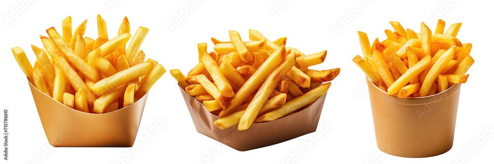 Collection of french fries in paper box isolated on transparent or white background Collection of french fries in paper box isolated on transparent or white background