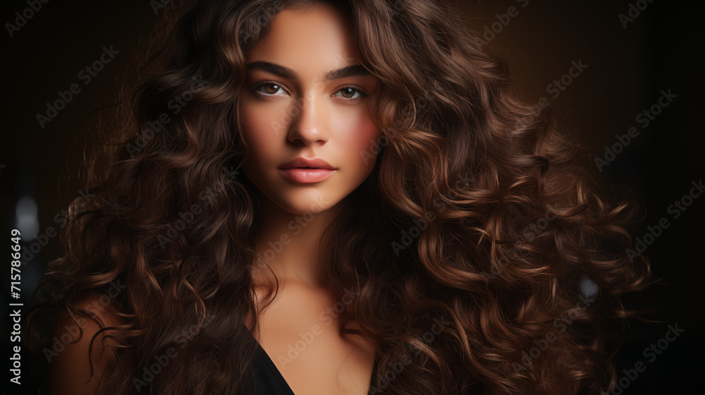 Naklejka premium Hairstyle, beauty and hair care, beautiful woman with long natural brown hair, glamour portrait for hair salon and haircare brand.