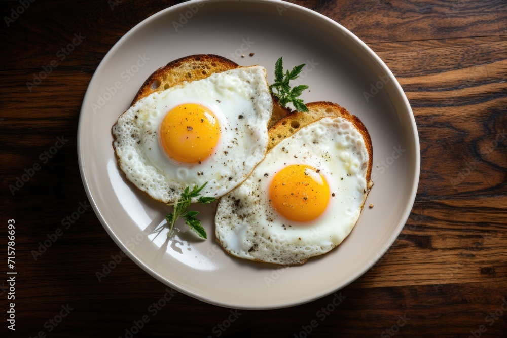 Fried eggs on a plate with fresh herbs Fried eggs on a plate with fresh herbs