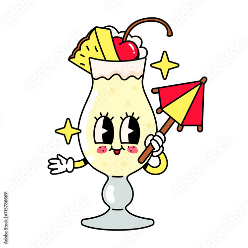Cocktail character Pina Colada with an umbrella in groovy style isolated on a white background.