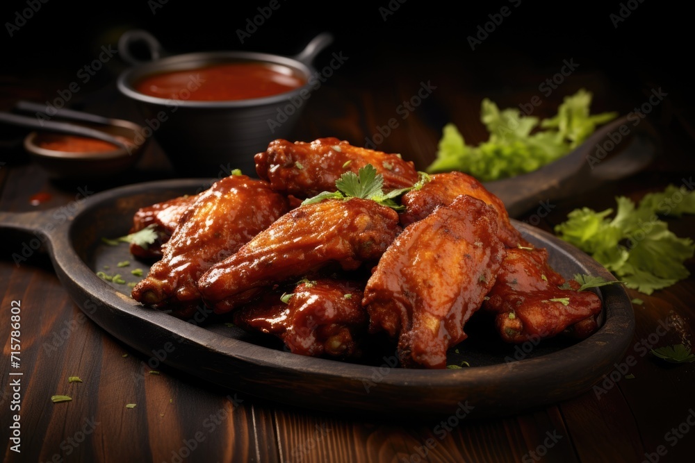Buffalo chicken wings with hot sauce and dressing on dark wooden background