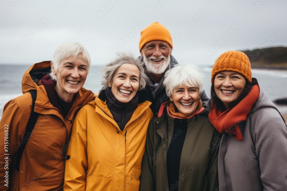 Portrait of diverse senior people on the cold beach