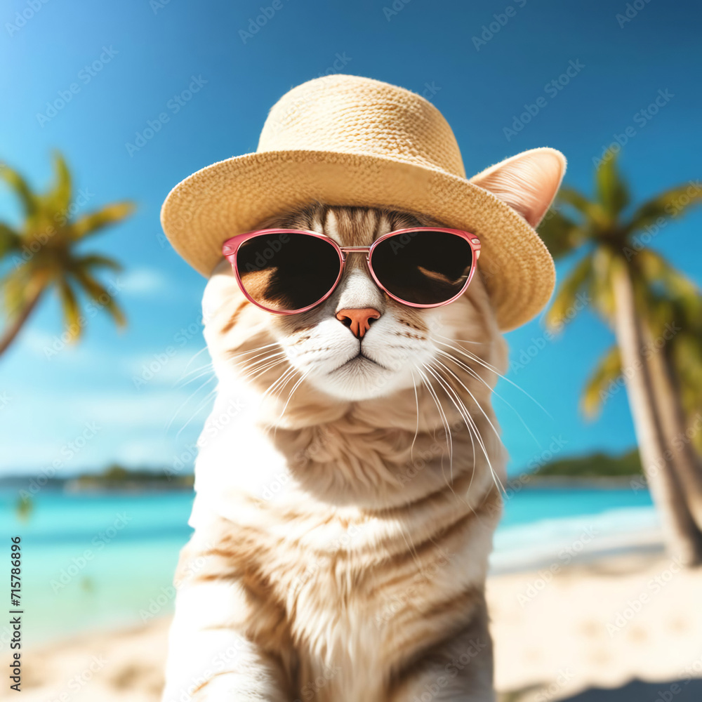 Fashionable white cat in a straw hat and sunglasses by the sea on the beach with palm trees. Vacation, travel concept. Template for postcards, advertising, congratulations. Copy space