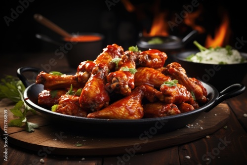 Buffalo chicken wings with hot sauce and dressing on dark wooden background