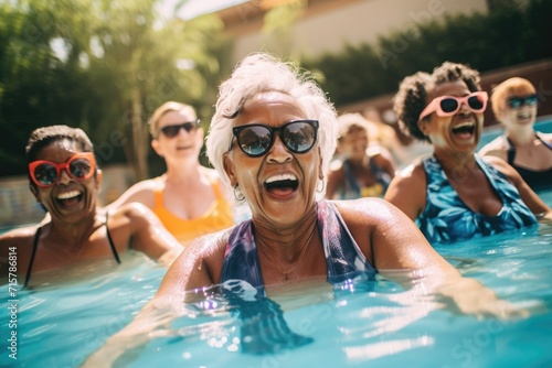 Group portrait of happy senior women swimming in pool