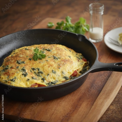 Frittata with spinach in cast iron skillet.
