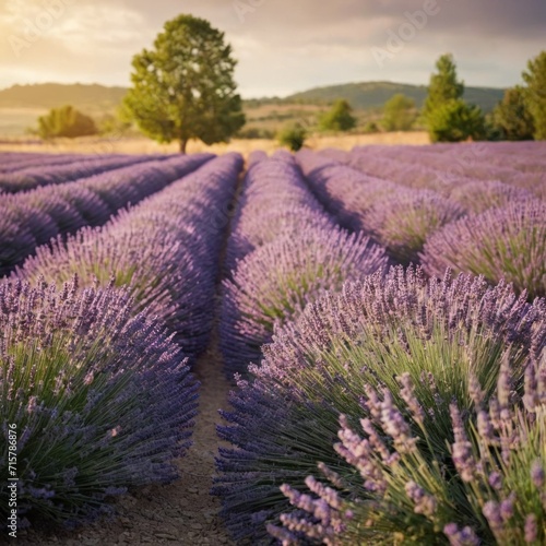 Lavender fields at sunset in Provence  France. 