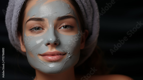 Enjoying woman with purifying mask on her face isolated on dark background. 