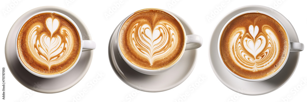 Collection of hot coffee latte with heart shaped latte art milk foam isolated on white or transparent background Collection of hot coffee latte with heart shaped latte art milk foam isolated on white or transparent background