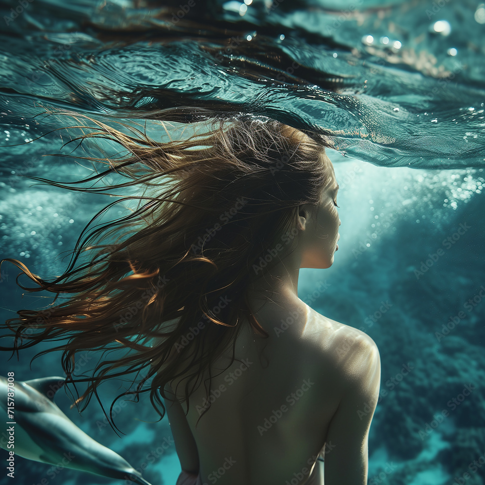 Young woman underwater with the dolphin Young woman underwater with the dolphin