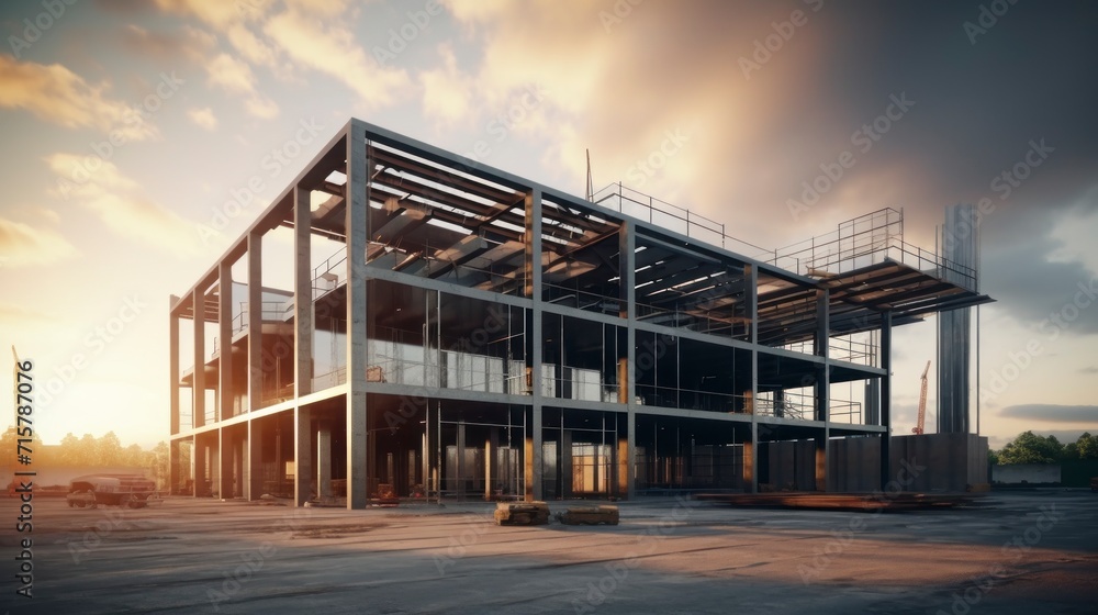 building under construction with a beautiful sunset with white clouds in high resolution