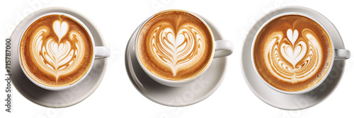 Collection of hot coffee latte with heart shaped latte art milk foam isolated on white or transparent background