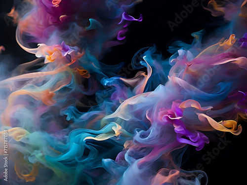 An explosion intricate tendrils of chromatic smoke on a dark background