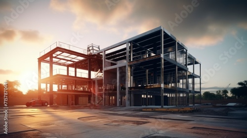 building under construction with a beautiful sunset with white clouds