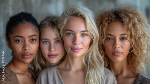 Beautiful young women with healthy skin. Diversity issue. Three good-looking young women with different skin color. 