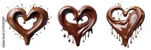 Collection of chocolate in the form of heart. Melted chocolate syrup, isolated on white or transparent background