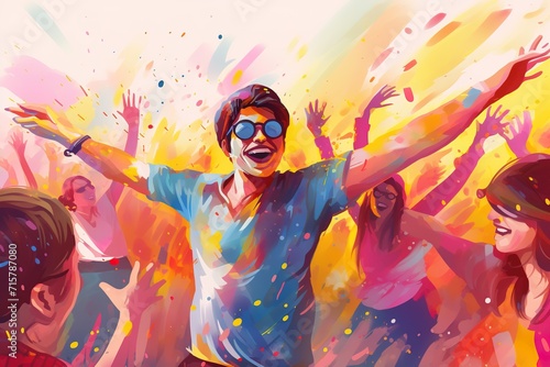 flat illustration, joyful happy friends, couple sharing laughter at holi festival, colorful memories in making, youth event celebration, blurred colorful powder in air. photo
