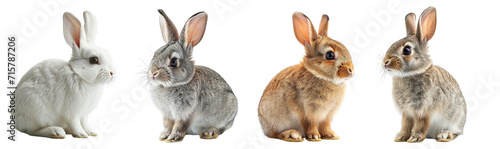 Collection of rabbits sitting in different positions isolated on transparent or white background photo