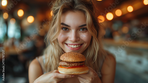 Woman hold big burger sandwich with eggs and bacon in hand hungry mouth getting ready to eat. 