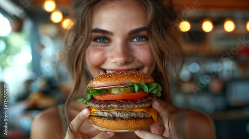 Young girl eating classic burger and drinking soda at cafe in the city. Smiling beautiful young happy woman eating fast food. 