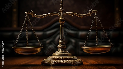 Legal concept still life of law weighing scale and gavel on desk in courtroom setting