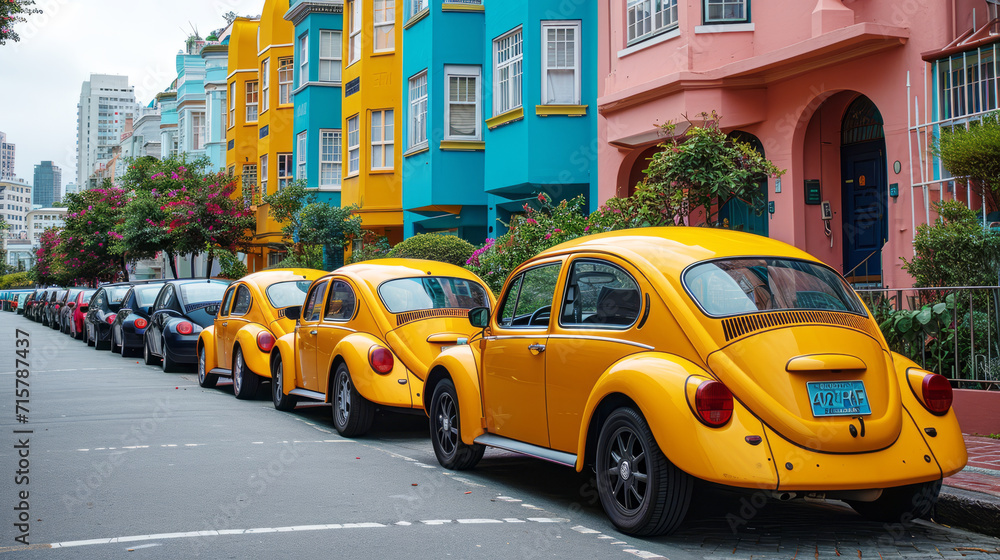 Fototapeta premium Brightly colored cars parked on the street ,generative ai.