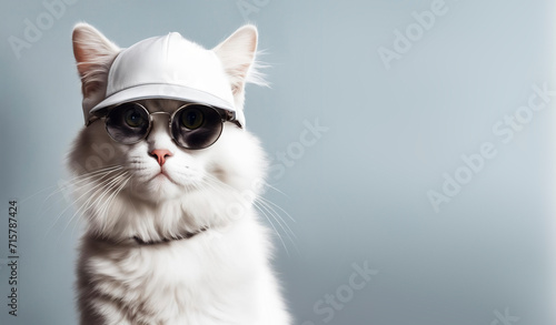 Cool white cat in a baseball cap and sunglasses. Template for postcards, advertising, congratulations. Copy space